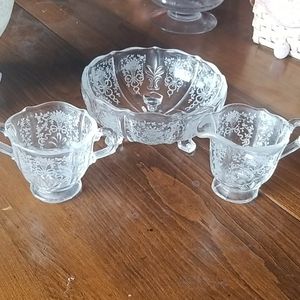 Fostoria Corsage Etched Bowl, Creamer & Sugar Bowl